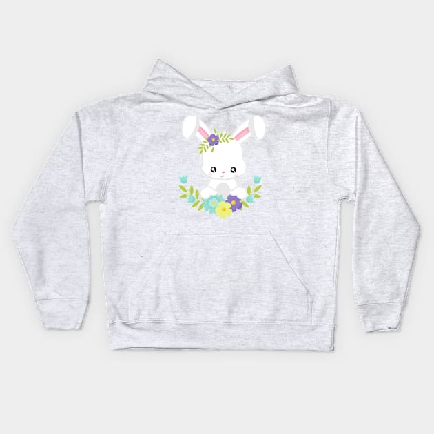 Easter, Cute Bunny, White Bunny, Rabbit, Flowers Kids Hoodie by Jelena Dunčević